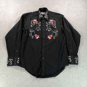 Rockmount Ranch Wear Shirt Mens S Black Embroidered Floral Fern Long Sleeve Snap